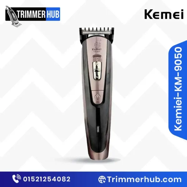 Kemei KM-9050 trimmer with sleek design, adjustable blades, and rechargeable battery.