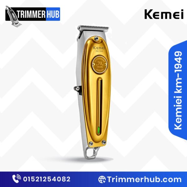 Kemei KM-1949 trimmer with vintage gold design, sharp blades, and ergonomic handle.