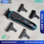 VGR V-250 professional hair trimmer with LED display, self-sharpening stainless steel blade, USB charging, and 4 guide combs.