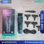 VGR V-250 professional hair trimmer with LED display, self-sharpening stainless steel blade, USB charging, and 4 guide combs.